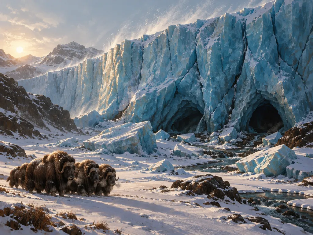 Dinding es biru menjulang dengan gua gelap di kakinya, kawanan musk ox merapat di salju, salju tertiup dari puncak es