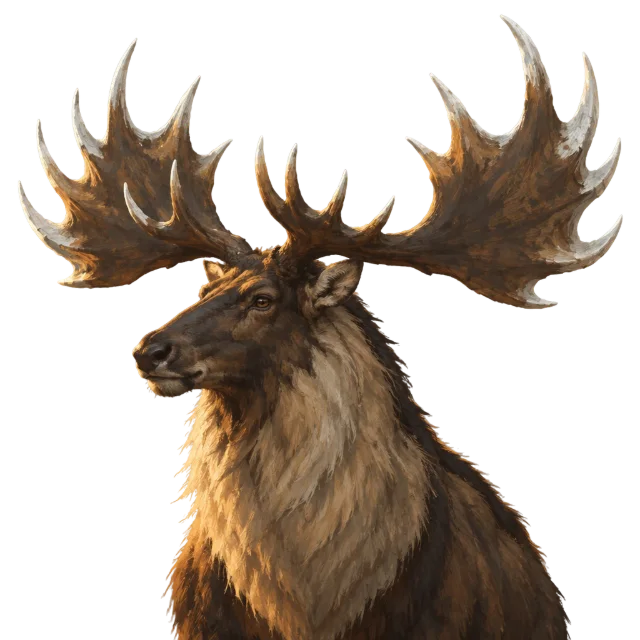 Greatantler, rusa raksasa dengan tanduk lebar bercabang banyak dan surai leher pucat