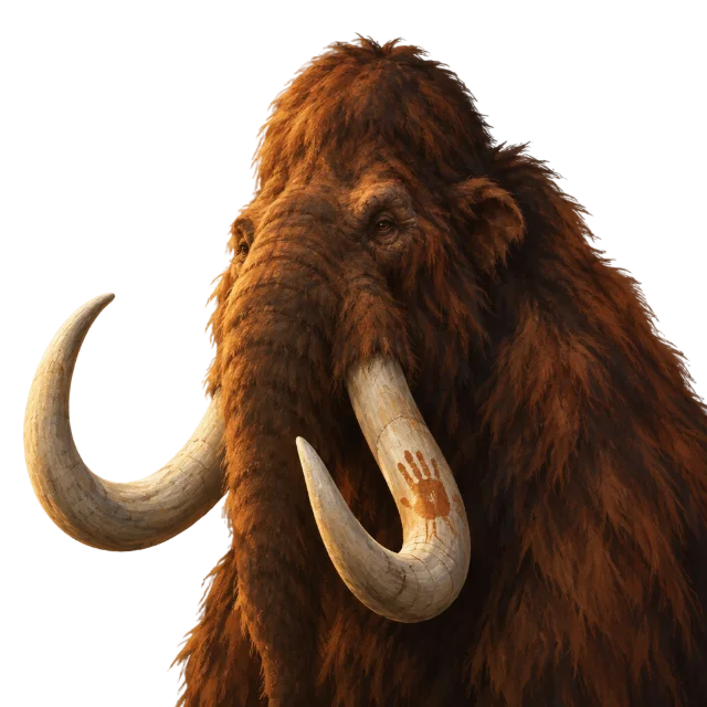 Longtusk, mammoth jantan tua berbulu cokelat karat dengan cap tangan oker di gadingnya