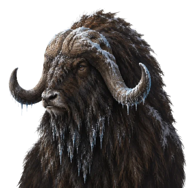Rimebeard, musk ox berbulu panjang gelap dengan tanduk melengkung dan janggut bergantung es