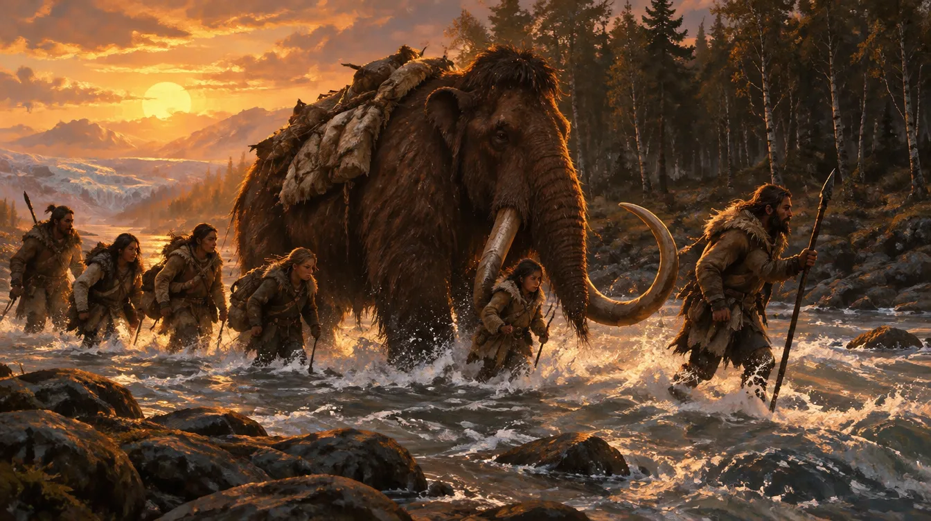 Mammoth dewasa membawa bungkusan kulit menyeberang sungai deras bersama lima anggota suku saat matahari terbenam