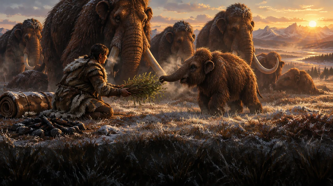 Seorang anggota suku berlutut menyodorkan seikat ranting willow kepada anak mammoth saat fajar, kawanan dewasa beristirahat di belakang